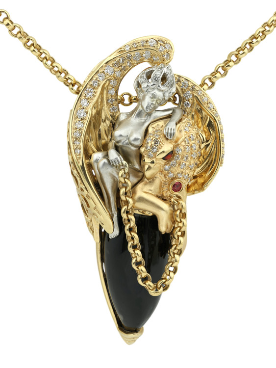 Колье из лимонного золота 585 пробы c эмалью, бриллиантами, рубином, ониксом и рубином