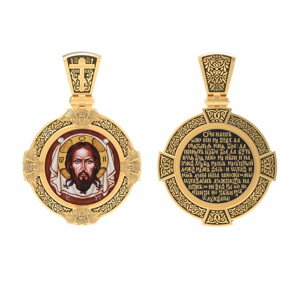 Нательная икона из лимонного золота 585 пробы c эмалью, иконописью и темперой