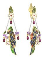 Серьги из лимонного золота c эмалью, гранатом, аметистом, рубином, аметистом и сапфиром