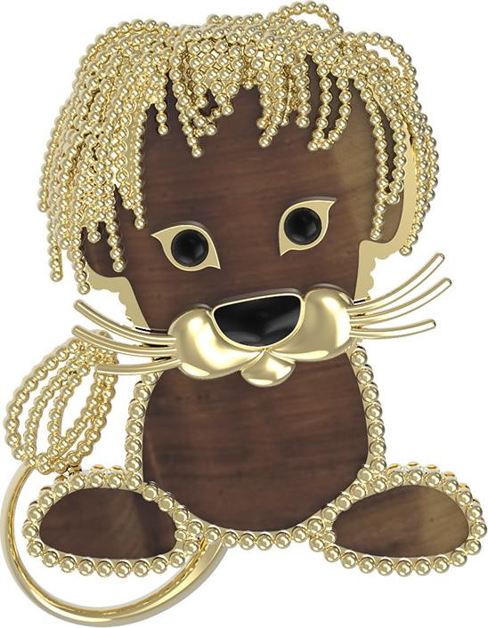 Брошь из лимонного золота 585 пробы c эмалью и тигровым глазом