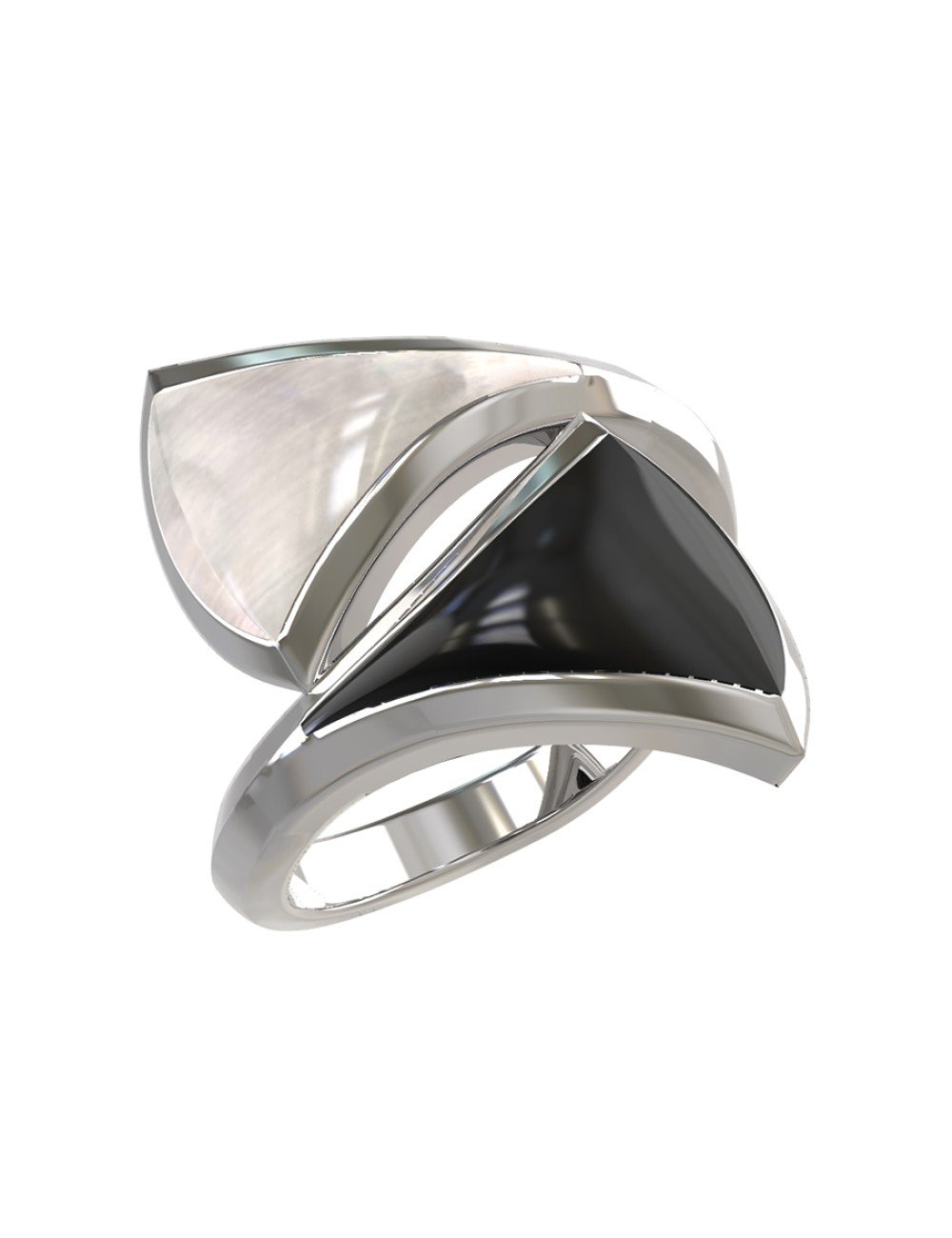 Кольцо из белого золота c ониксом и перламутром