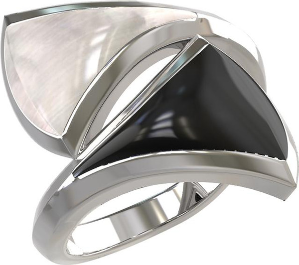 Кольцо из белого золота 585 пробы c ониксом и перламутром