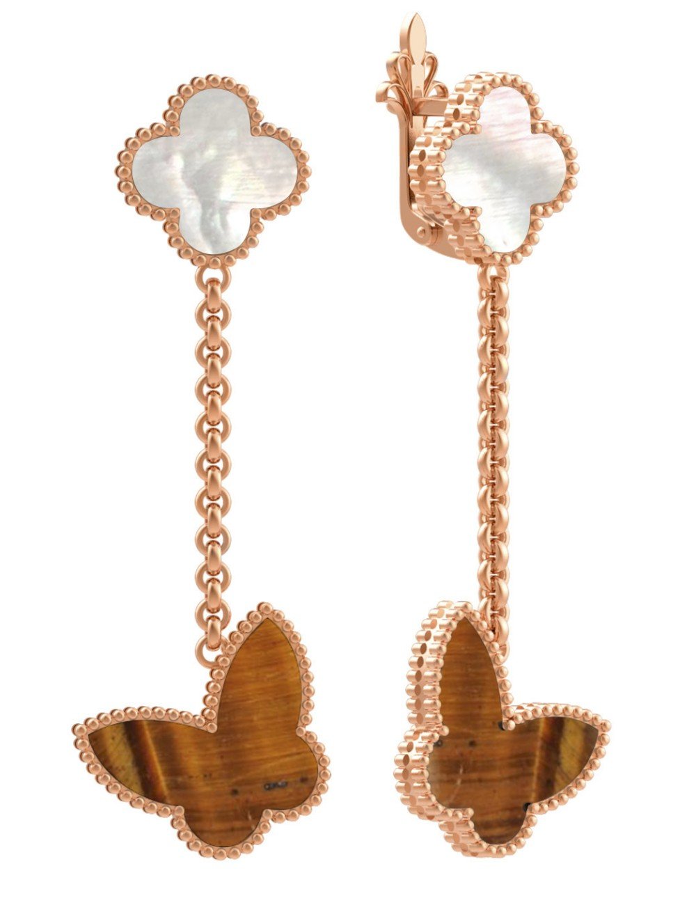 Серьги из золота c тигровым глазом и перламутром