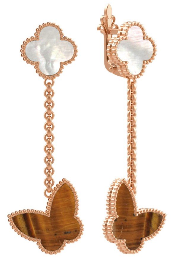 Серьги из золота c тигровым глазом и перламутром