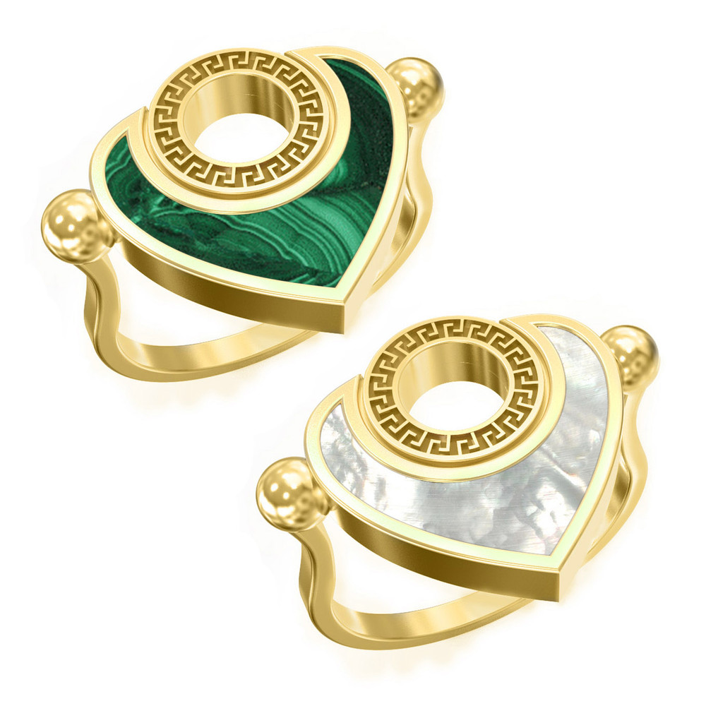 Кольцо из лимонного золота 585 пробы c малахитом и перламутром