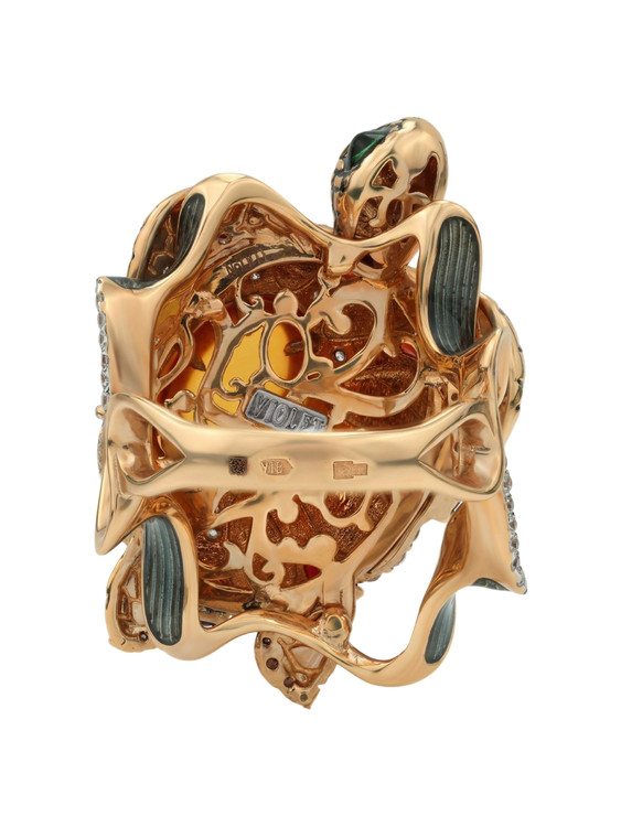 Кольцо из красного золота 585 пробы c эмалью, фианитом, гранатом и янтарём