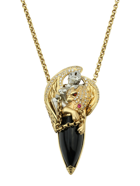 Колье из лимонного золота 585 пробы c эмалью, бриллиантами, рубином, ониксом и рубином