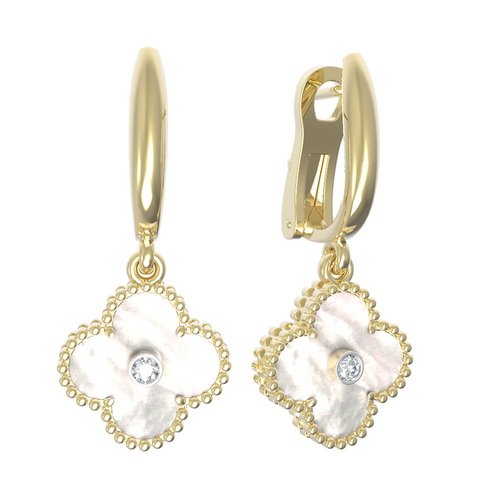 Серьги из лимонного золота 585 пробы c бриллиантами и перламутром