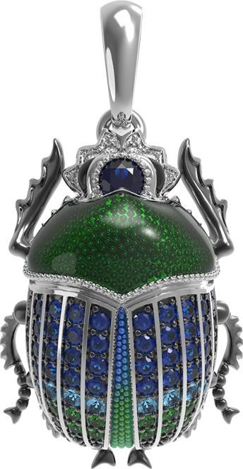 Подвеска из белого золота 585 пробы c эмалью, фианитом и сапфиром