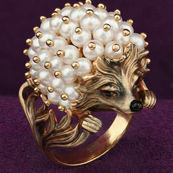 Кольцо из красного золота 585 пробы c эмалью и жемчугом