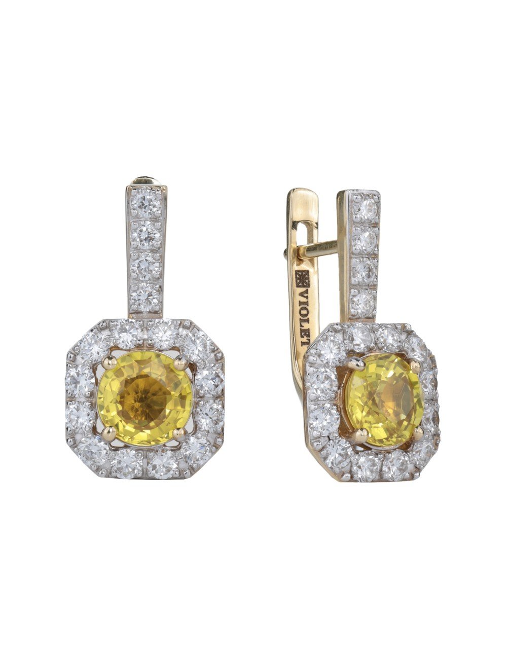 Серьги из лимонного золота c бриллиантами и сапфиром