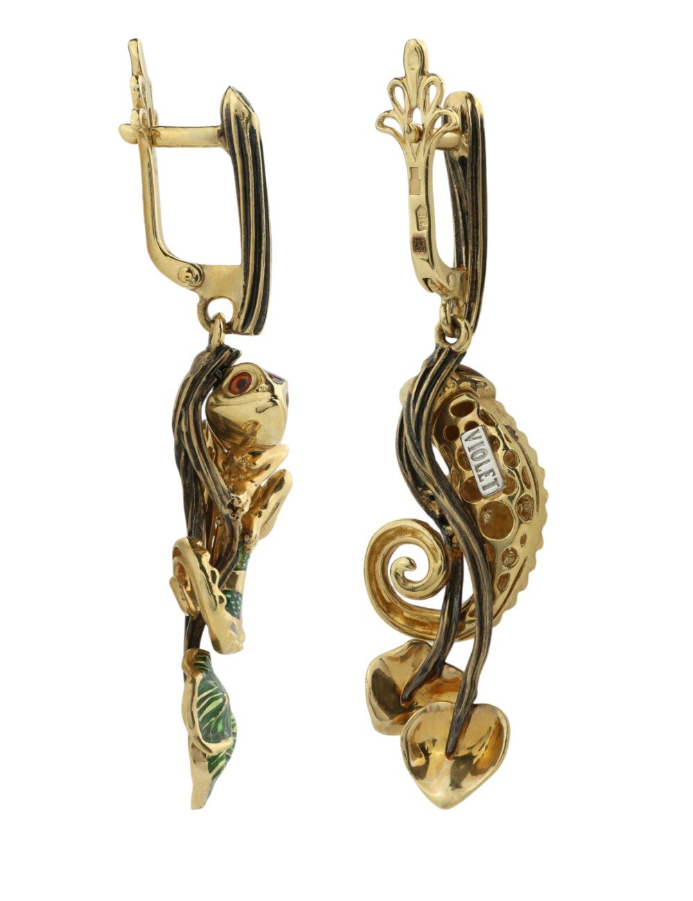 Серьги из лимонного золота c эмалью и гранатом