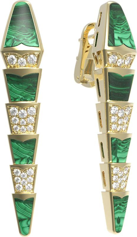 Серьги из лимонного золота 585 пробы c бриллиантами и малахитом