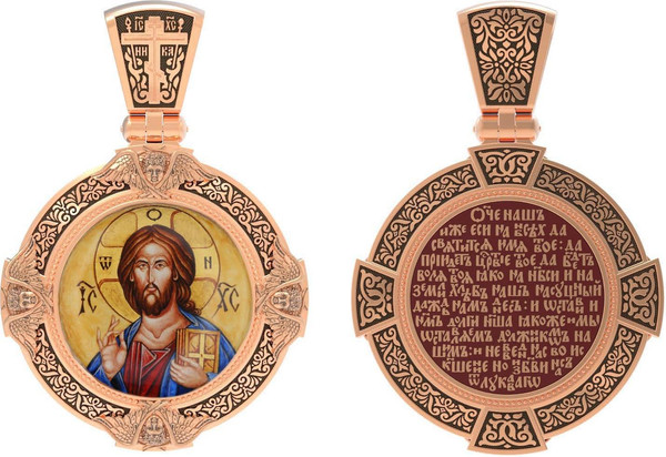 Нательная икона из красного золота 585 пробы c эмалью, иконописью и темперой