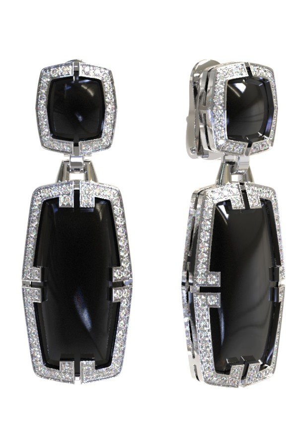 Серьги из белого золота c бриллиантами, рубином и ониксом