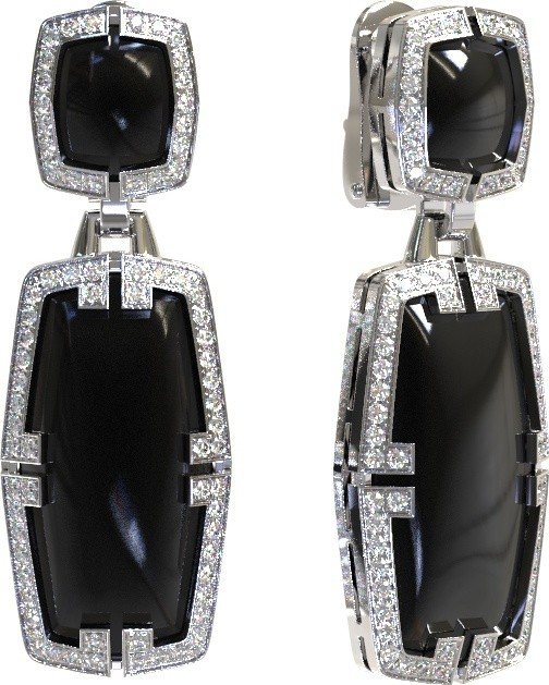 Серьги из белого золота c бриллиантами, рубином и ониксом