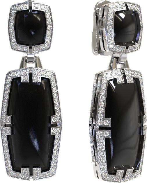 Серьги из белого золота 585 пробы c бриллиантами, рубином и ониксом