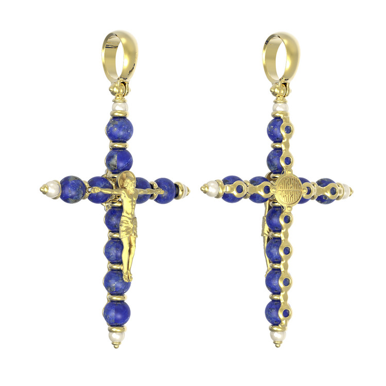 Крест из лимонного золота 585 пробы c жемчугом и лазуритом