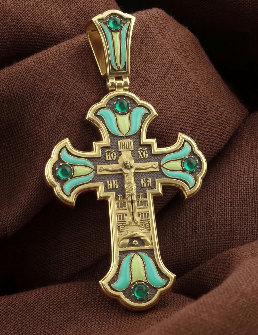 Крест из лимонного золота c эмалью и хризопразом