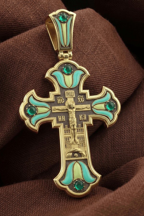 Крест из лимонного золота c эмалью и хризопразом