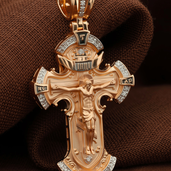 Крест из красного золота 585 пробы c бриллиантами