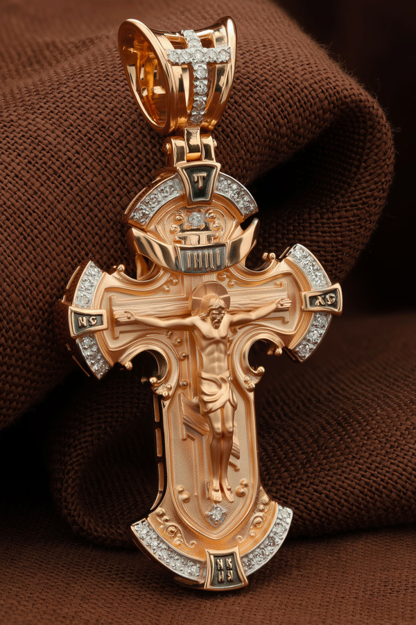 Крест из красного золота 585 пробы c бриллиантами