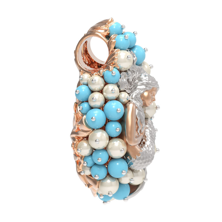 Подвеска из красного золота 585 пробы c жемчугом и бирюзой