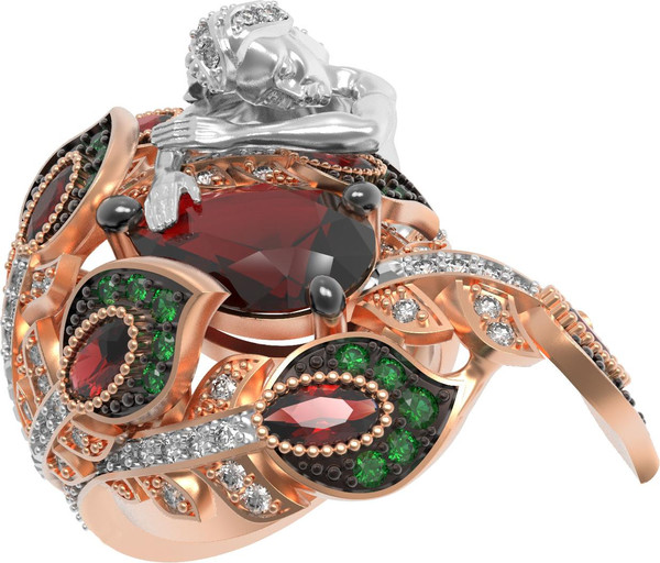 Кольцо из красного золота 585 пробы c фианитом и гранатом