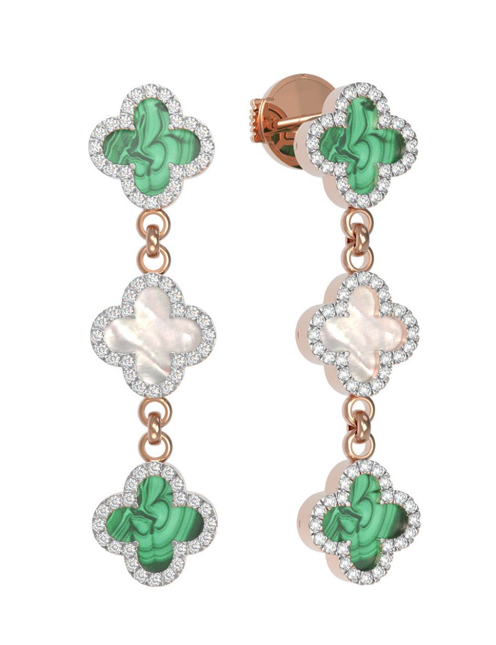 Серьги из золота c бриллиантами, малахитом и перламутром