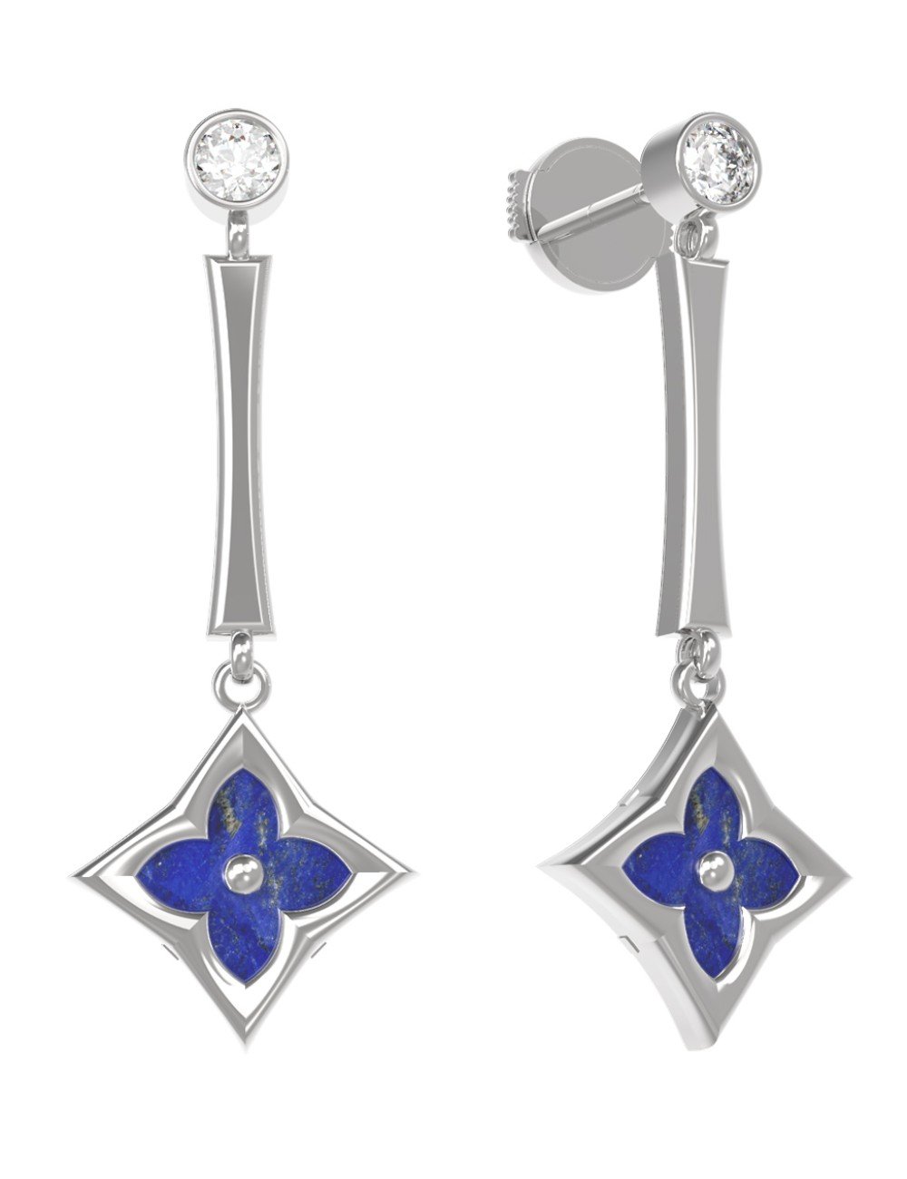 Серьги из белого золота c фианитом и лазуритом