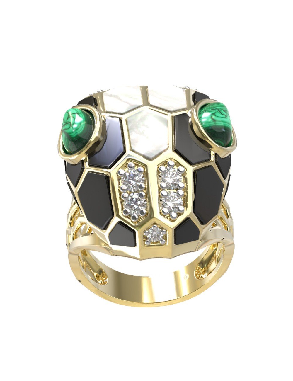 Кольцо из лимонного золота c бриллиантами, рубином, ониксом, малахитом и перламутром