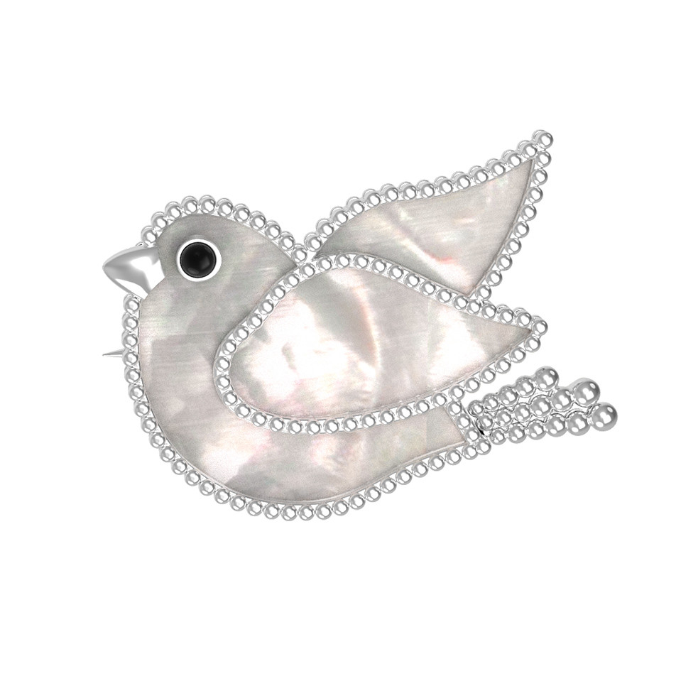 Брошь из белого золота 585 пробы c эмалью и перламутром