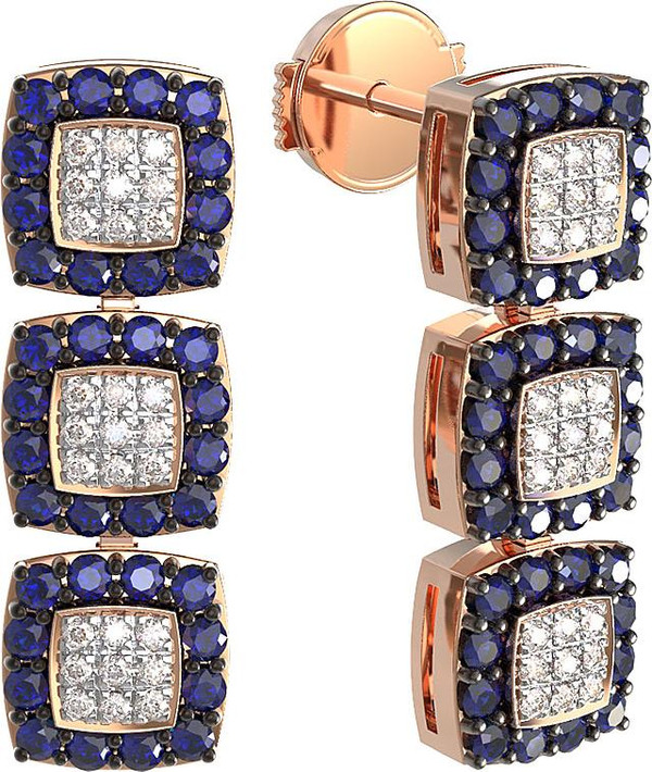 Серьги из красного золота 585 пробы c бриллиантами и сапфиром