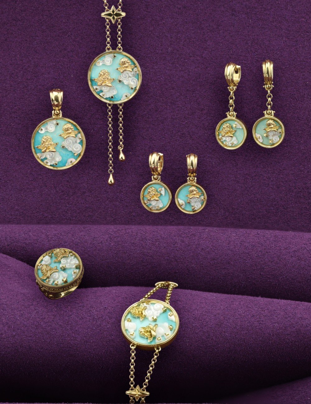 Подвеска из лимонного золота c бирюзой и перламутром