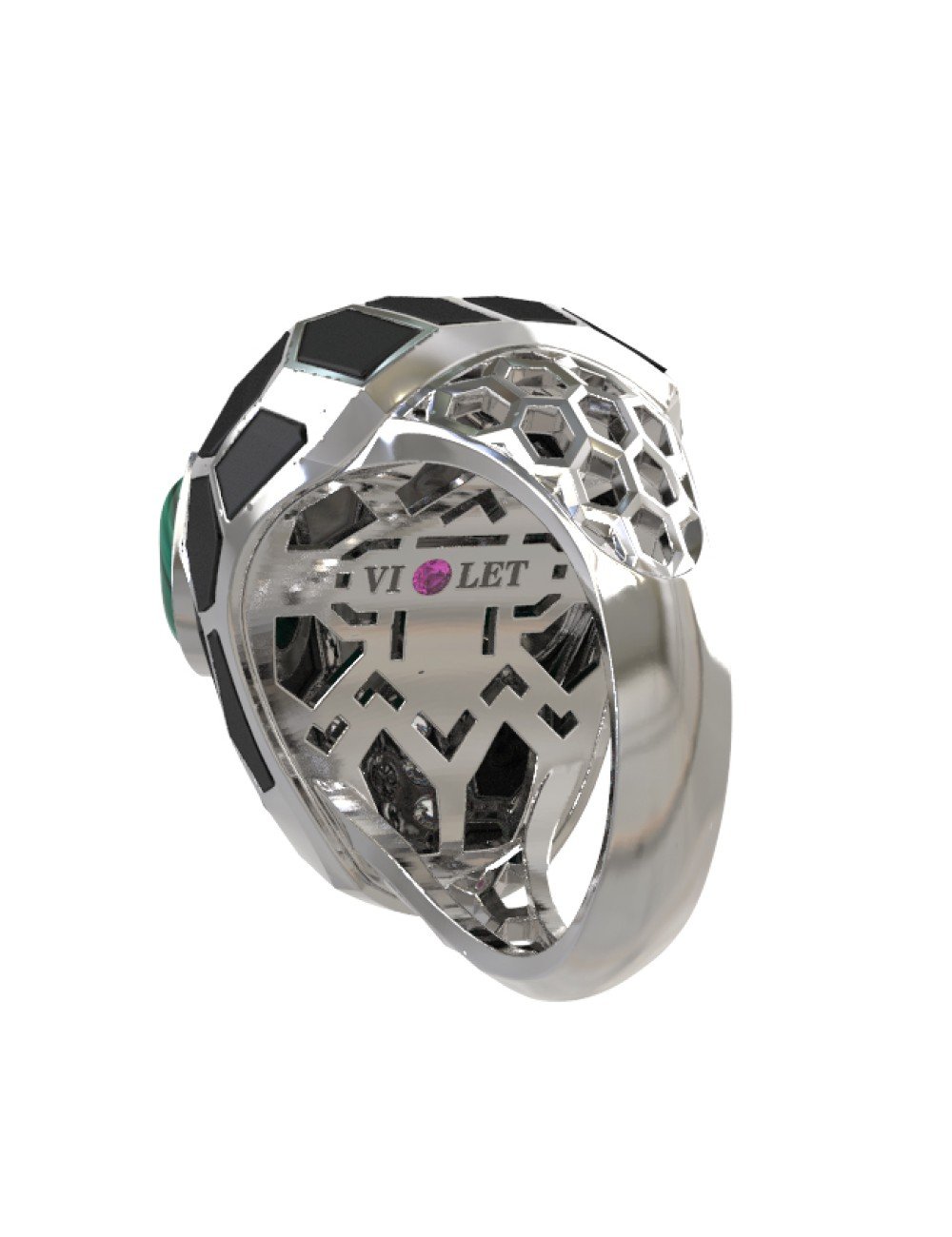 Кольцо из белого золота c бриллиантами, рубином, ониксом, малахитом и перламутром