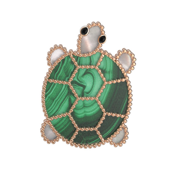 Брошь из красного золота 585 пробы c эмалью, малахитом и перламутром