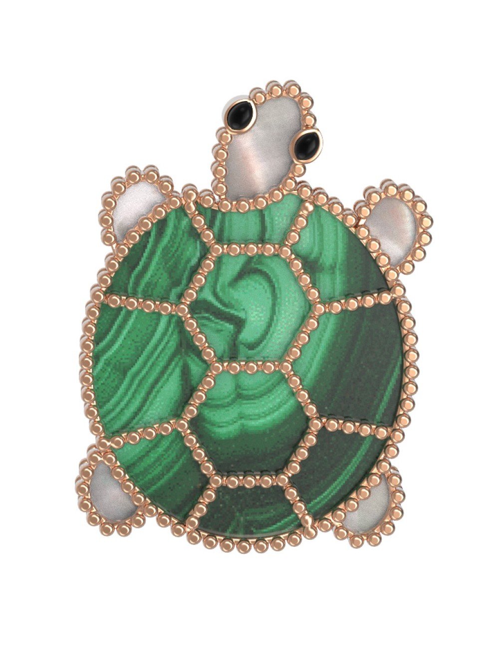 Брошь из золота c эмалью, малахитом и перламутром