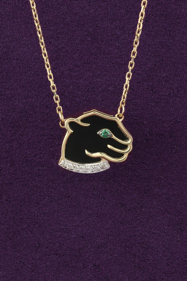 Колье из лимонного золота 585 пробы c бриллиантами, изумрудом и ониксом