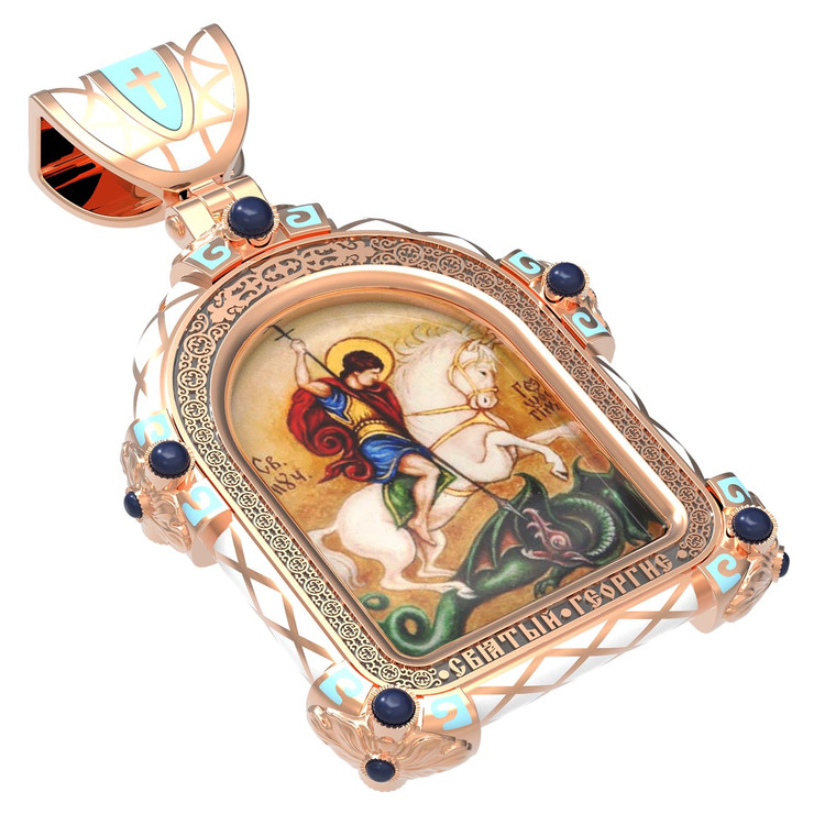 Нательная икона из красного золота 585 пробы c эмалью, иконописью и темперой