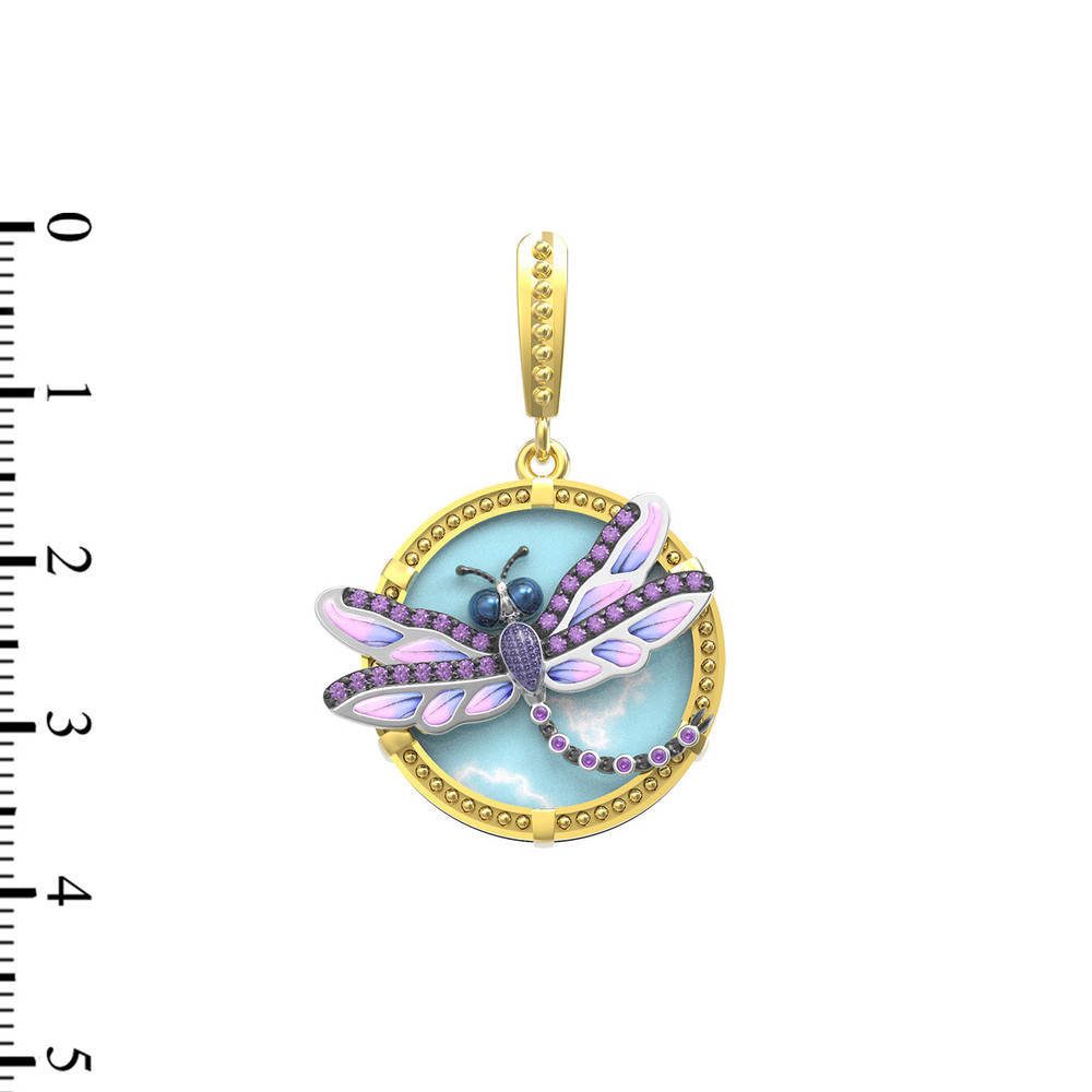 Подвеска из лимонного золота 585 пробы c бирюзой, аметистом и эмалью