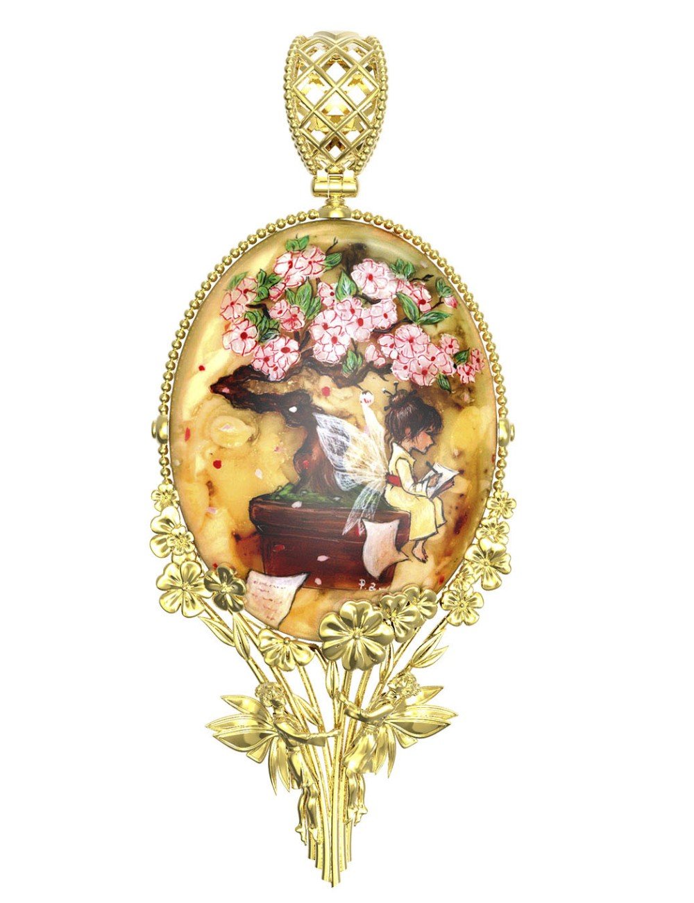 Подвеска из лимонного золота c росписным янтарём