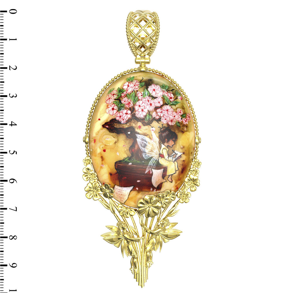 Подвеска из лимонного золота 585 пробы c росписным янтарём