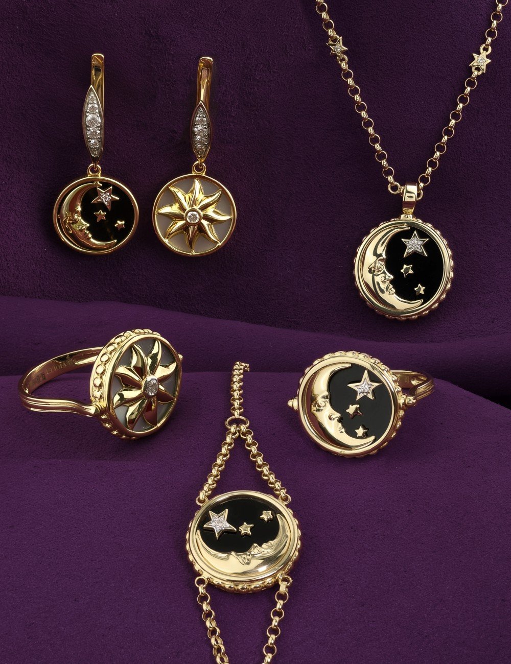 Колье из лимонного золота c бриллиантами, ониксом и перламутром