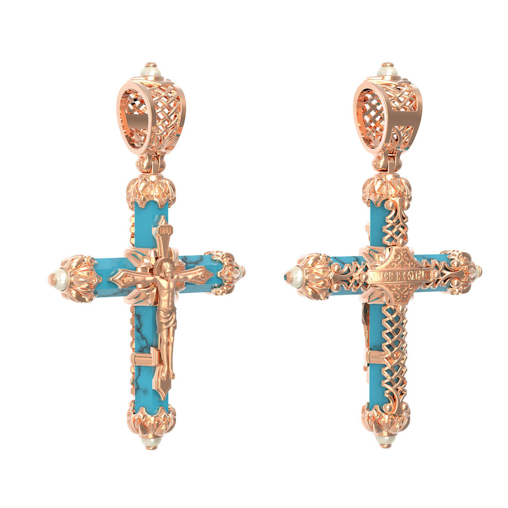 Крест из красного золота 585 пробы c жемчугом и бирюзой