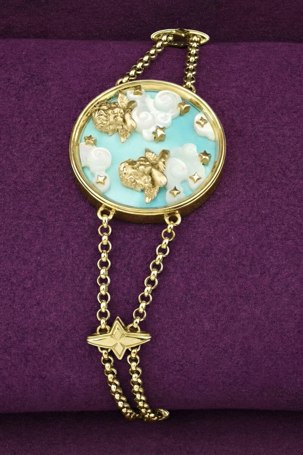 Браслет из лимонного золота 585 пробы c бирюзой и перламутром