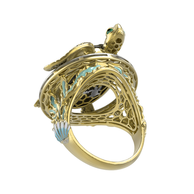 Кольцо из лимонного золота 585 пробы c эмалью и железным деревом