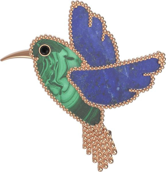 Брошь-подвеска из красного золота 585 пробы c эмалью, лазуритом и малахитом