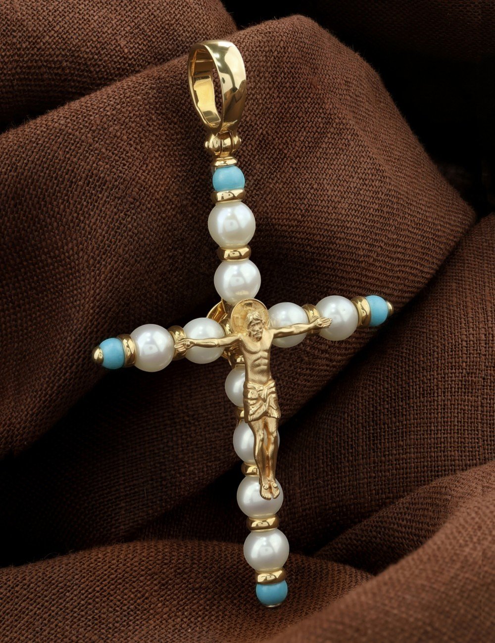 Крест из лимонного золота c жемчугом и бирюзой