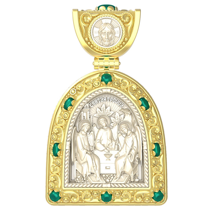 Нательная икона из лимонного золота 585 пробы c эмалью, хризопразом и бивнем мамонта