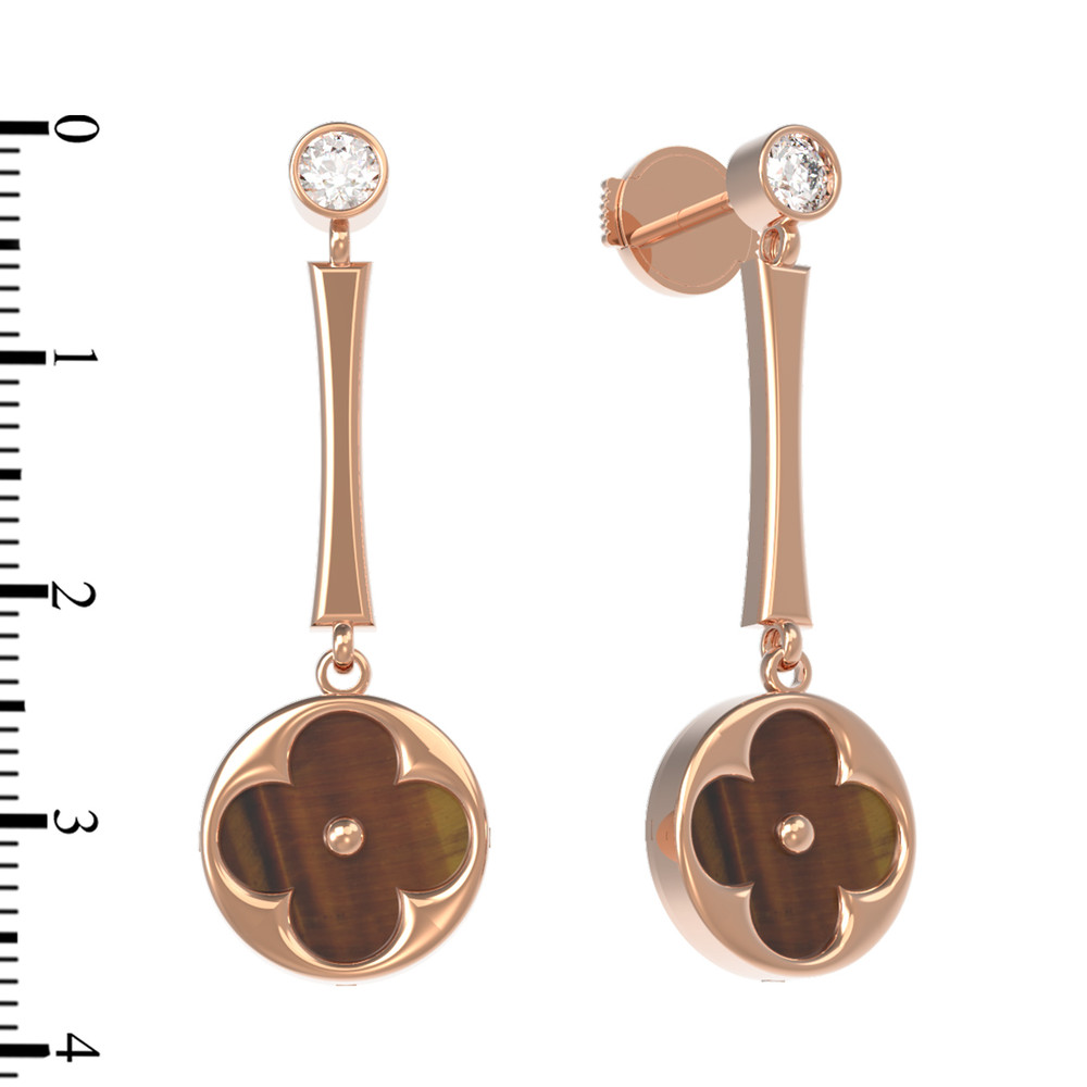 Серьги из красного золота 585 пробы c фианитом и тигровым глазом